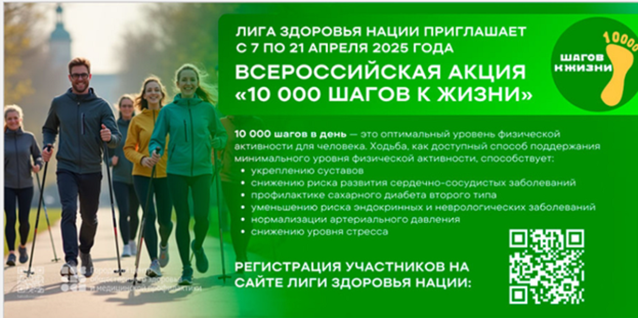 Всероссийская акция «10 000 шагов к жизни» 6 апреля 2025 года в рамках проекта «Каждому муниципалитету – умный маршрут здоровья» состоится Всероссийская акция «10 000 шагов к жизни». С 2025 года началась реализация нового национального проекта «Продолжите